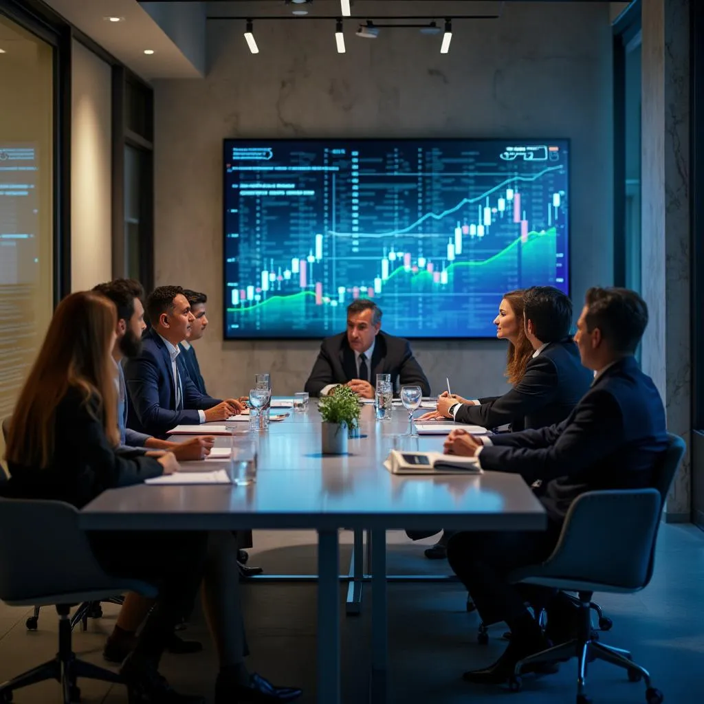 Reunión estratégica con gráficos en pantalla